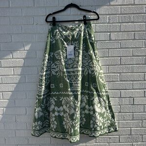 Cleobella Green and White Printed A-Line Midi Skirt